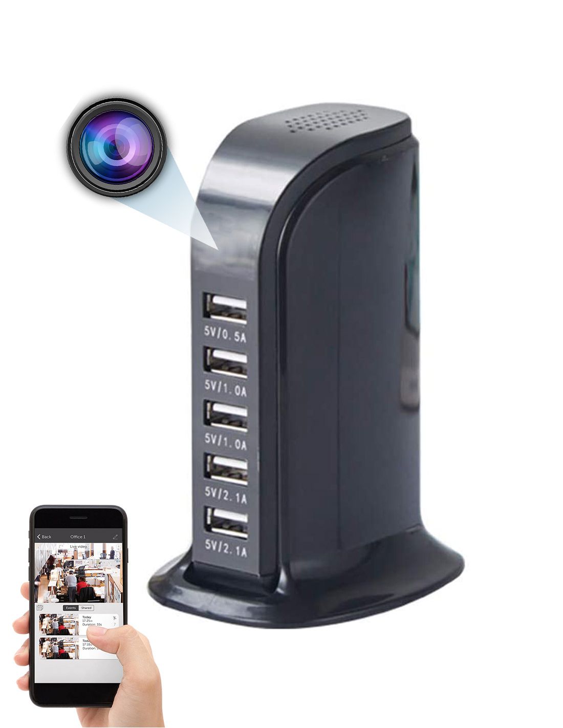 Caméra espion Station de charge multi port USB Vision à distance