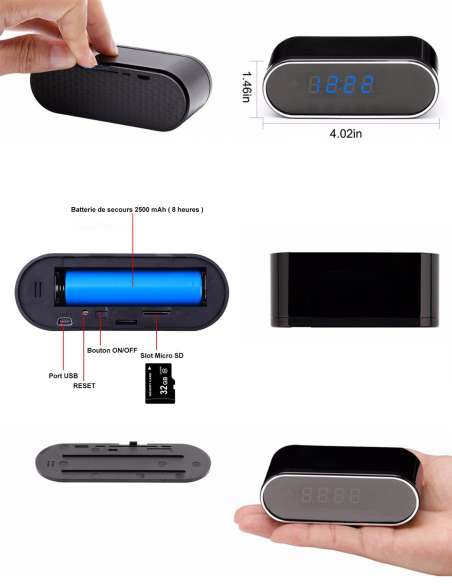 Horloge camera espion wifi HD vision nocturne - interieur